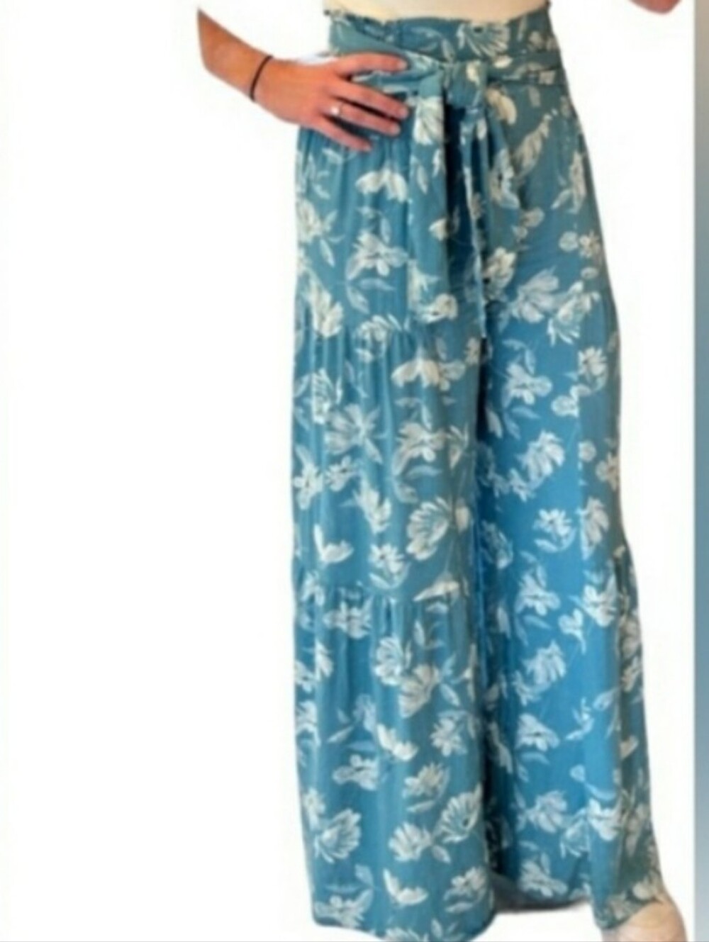 Sincerely Jules Teal Blue Sz XL Floral Sash tie elastic waist flowy Summer Pants